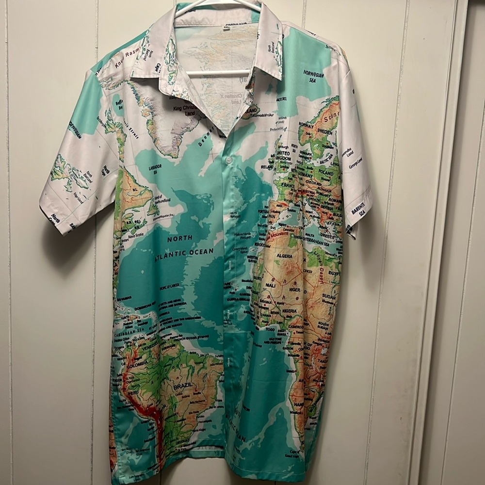 XXL short sleeve button up shirt map of Atlantic Ocean and surrounding area